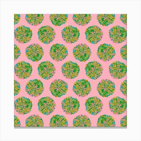 CHRYSANTHEMUMS Multi Abstract Polka Dot Floral Summer Bright Flowers in Green Blue Pink Yellow on Pale Pink Canvas Print