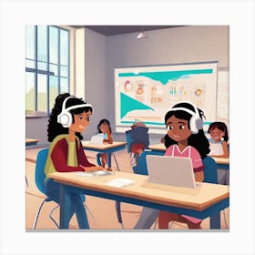 Children In Classroom With Headphones Canvas Print