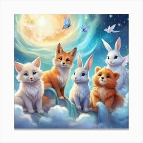 Cute wall decor of Rabbits squirrels and Foxes In The Sky Canvas Print