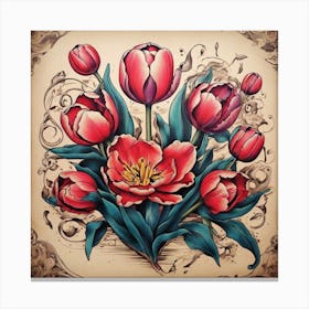 Tattoo Tulips, Old School Style Canvas Print