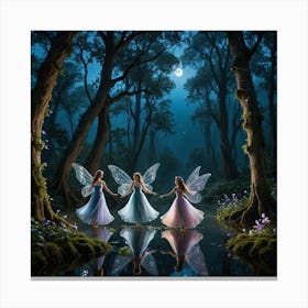 Three Fairies Walk Along a Lake on a Moonlit Night Canvas Print