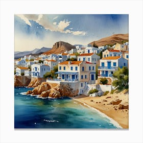 Greece Town.Summer on a Greek island. Sea. Sand beach. White houses. Blue roofs. The beauty of the place. Watercolor. Canvas Print