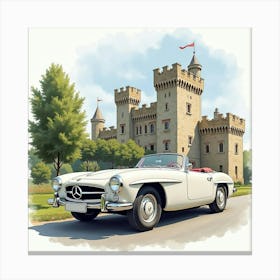 Retro Car Parked In Front Of An Old Castle, Watercolor Painting 1 Canvas Print