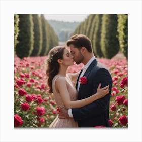 Couple Kissing In A Rose Garden Canvas Print
