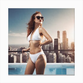 Beautiful Woman In Bikini On The Pool Canvas Print