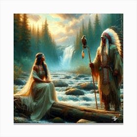 Oil Texture Native American Couple By Stream 6 Copy Canvas Print