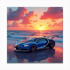 Bugatti Chiron Pur Sport In A Colorful, Watercolor Sunrise Over Ocean Canvas Print