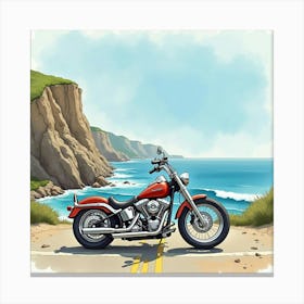 Chopper Bike On A Rugged Coastal Road With Waves Watercolor 1 Canvas Print