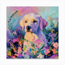 Puppy Posing amidst in Flowers Canvas Print