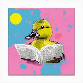 Duckling Reading A Book Linocut Style 1 Canvas Print