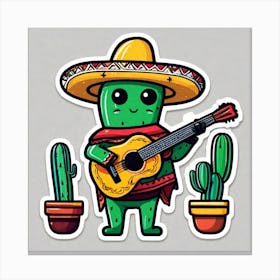 Cactus Wearing Mexican Sombrero And Poncho And Guitar Sticker 2d Cute Fantasy Dreamy Vector Ill (63) Canvas Print