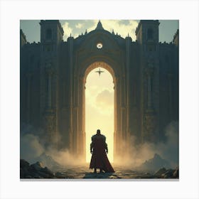 A Brave Warrior In Ancient Armor Standing Before A Colossal, Enchanted Gate Canvas Print