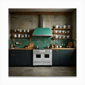 Green Tiled Kitchen Canvas Print