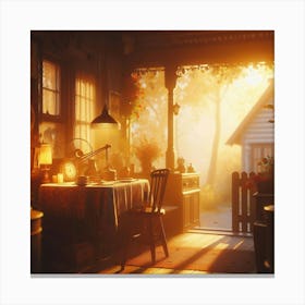 An oil painting of a cozy home with a warm, inviting glow. The sunlight streams in through the open door, casting a golden light over the room. The table is set with a simple meal, and there is a vase of flowers on the windowsill. The walls are decorated with paintings and photographs, and there is a soft, comfortable rug on the floor. The overall effect is one of peace and tranquility. Canvas Print