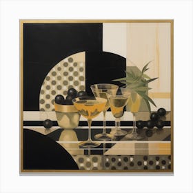 Art Deco still life painting of a cocktail set, with a shaker, glasses, and a tray filled with olives Canvas Print