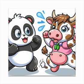 Cartoon Panda And Cow Canvas Print