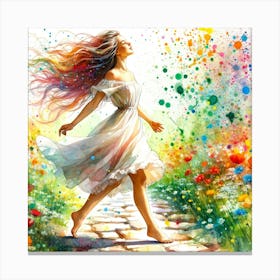 Girl Walking In The Flowers Canvas Print