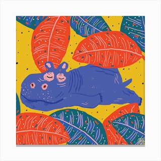 Sleeping Under Colorful Leaves Hippo Square Canvas Print