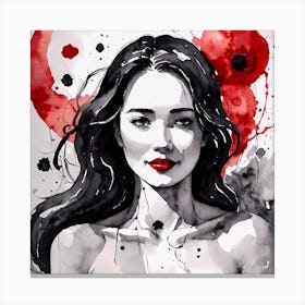 Girl With Red Lipstick, Selective Color Painting In Black, White and Red Canvas Print