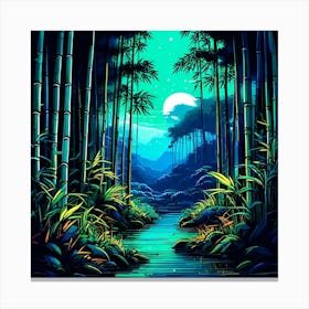 Tranquil Bamboo Forest Neon Line Art Style Vivid Colors Of Jade And Lemon Dark Background (1) Canvas Print