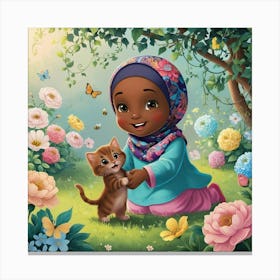 Muslim Girl With Kitten Canvas Print