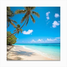 A Sunny Beach In A Tropical Paradise Palm Trees Bending Slightly Above The Turquoise Waters Edge (2) Canvas Print