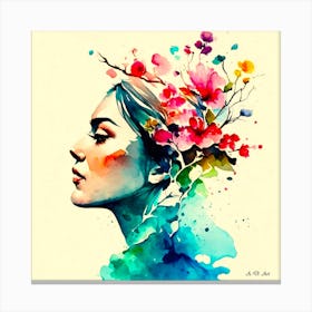 Beautiful Vientnamese Women With Flower Decoration As A Colorful Water Painting Portrait Canvas Print