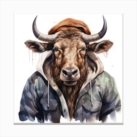 Watercolour Cartoon Wildebeest In A Hoodie 1 Canvas Print