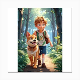 Boy And Dog In The Woods Canvas Print