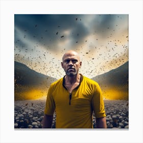 The Image Depicts A Man With A Shaved Head Standing In Front Of A Yellow Background Filled With Bees 3 Canvas Print