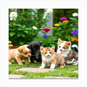 Puppies and kittens in beautiful green garden 4 Canvas Print