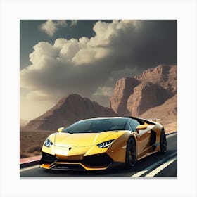 A Lightly Yellow Lamborgini With Clouds And Mountain Canvas Print