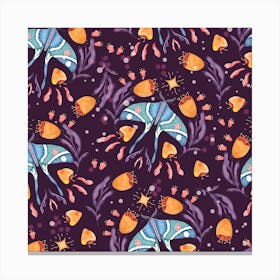 Night Blue Moth On Floral Purple Background And Decoration Pattern Square Canvas Print