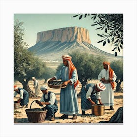 Tunisian farmers wearing traditional clothing, harvesting olives from trees. In the background, the Jugurtha Table (a large, flat-topped mountain in North Western Tunisia Canvas Print