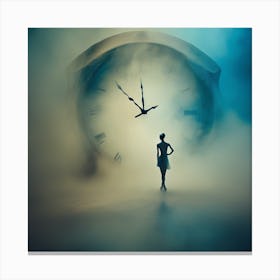 Woman Standing In Front Of A Clock 1 Canvas Print