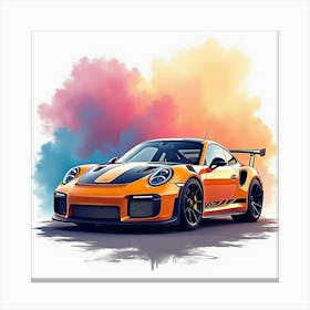 Porsche 911 Gt3 Rs With A Colorful Watercolor Backdrop, No Signature Or Logo 1 Canvas Print