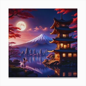 Moonlight and Mt Fuji With Asian Pagoda Canvas Print