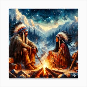 Oil Texture Native American Couple By Stream 4 Copy Canvas Print