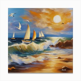 Oil painting design on canvas. Sandy beach rocks. Waves. Sailboat. Seagulls. The sun before sunset.18 Canvas Print