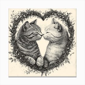 Delicate Ink Drawing of Cats Love Heart 7 Canvas Print