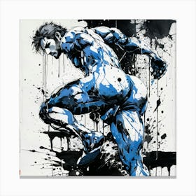 Naked Muscular Male Body Adorned with Vibrant Blue Ink, ass Canvas Print