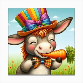 A Donkey With A Hat Eating A Carrot Canvas Print