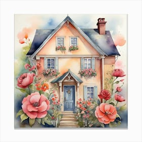 Watercolor House With Flowers Art Print 2 Canvas Print