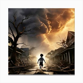 Amidst The Tumult Of A Raging Tornado A Lone Hero Emerges Sprinting Through The Twisted Metal Canvas Print