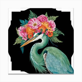 Blue Heron With Flowers Canvas Print