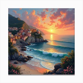 Dreamy Sunset Painting Of A Quaint Seaside Town 1 Canvas Print