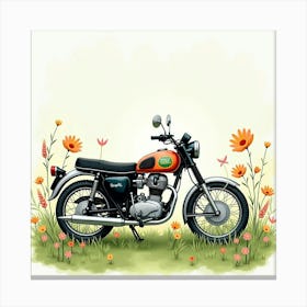 Retro Motorcycle Beside A Blooming Meadow Watercolor 1 Canvas Print