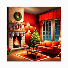 Christmas Living Room, gifts, socks, lights, Christmas Tree art, Christmas Tree, Christmas vector art, Vector Art, Christmas art, Christmas Canvas Print