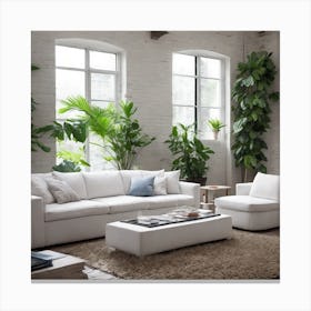 White Living Room With Plants Canvas Print