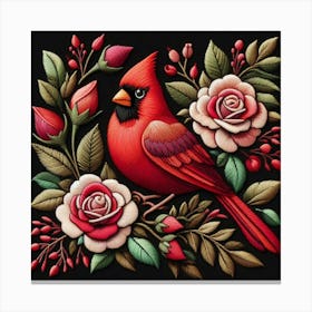 Cardinal With Roses over Black Canvas Print